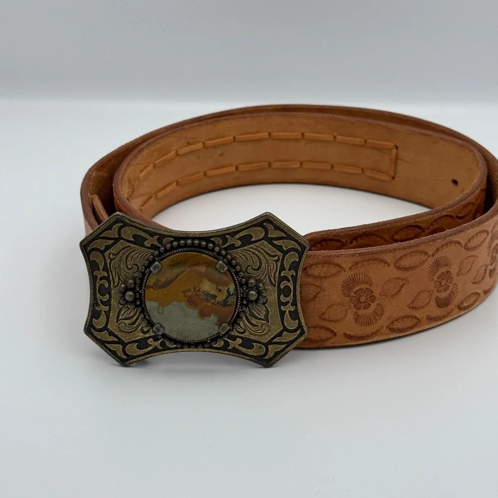 Tooled Leather Belt Mens Jasper Stone Buckle 44 Tan Brown Western Boho Handmade